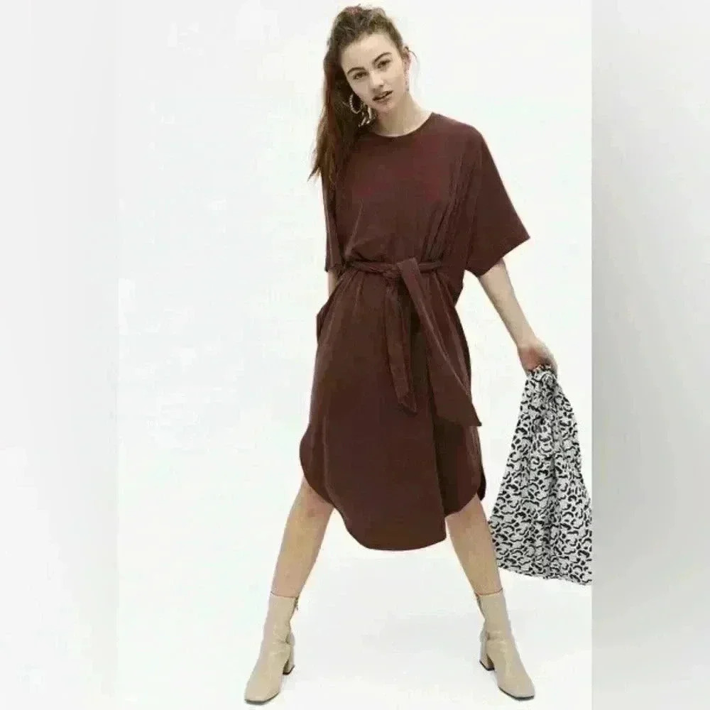 Monki super-soft kaftan dress rust/ orange color belted midi comfy Size L summer